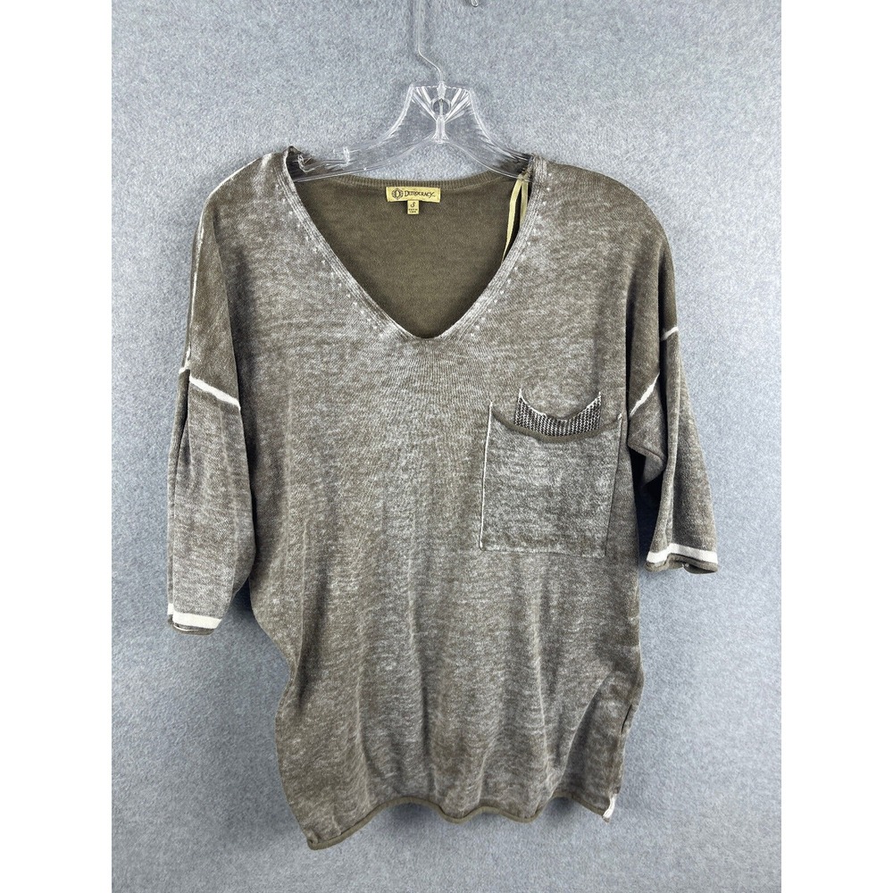 Democracy Top Women's Small Green V Neck Mid-Length Sleeve Front Pocket Casual